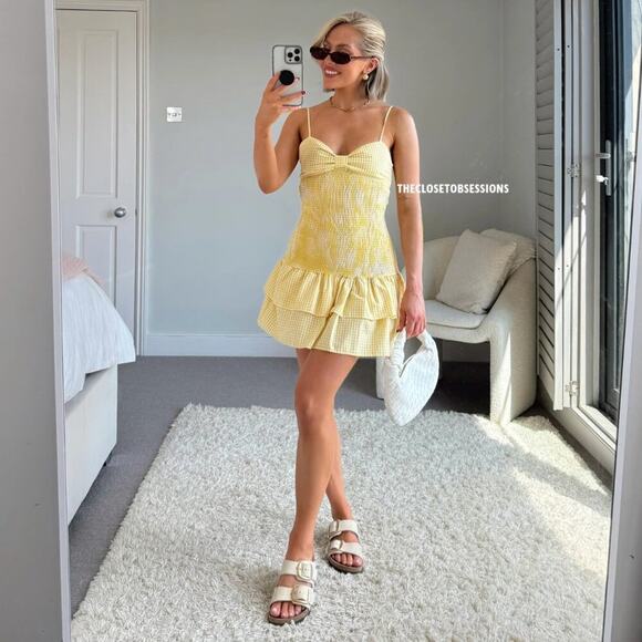 Zara Yellow Gingham Smocked Mini Dress - Picture 8 of 14